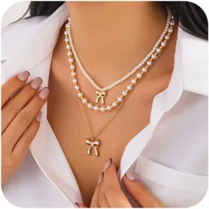 Gold Bow Necklace for Women - Pearl Layered Gold Necklaces Cute Dainty Bowknot Pendant Choker Chain Necklace Fashion Jewelry Gifts