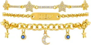 Gold Charm Link Bracelets for Women 3pcs 14K Gold Plated Pearl Lucky Clover Moon Star Teardrop Crystal Horseshoe Pendant Bracelets Adjustable Tag Bracelet Set Trendy Jewelry Gift for Women