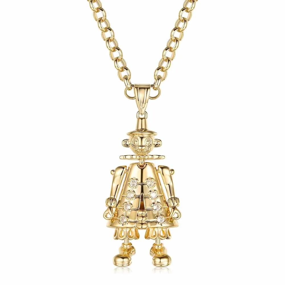 Gold Clown Pendant Clear Stones 22 Inch 4mm Belcher Chain