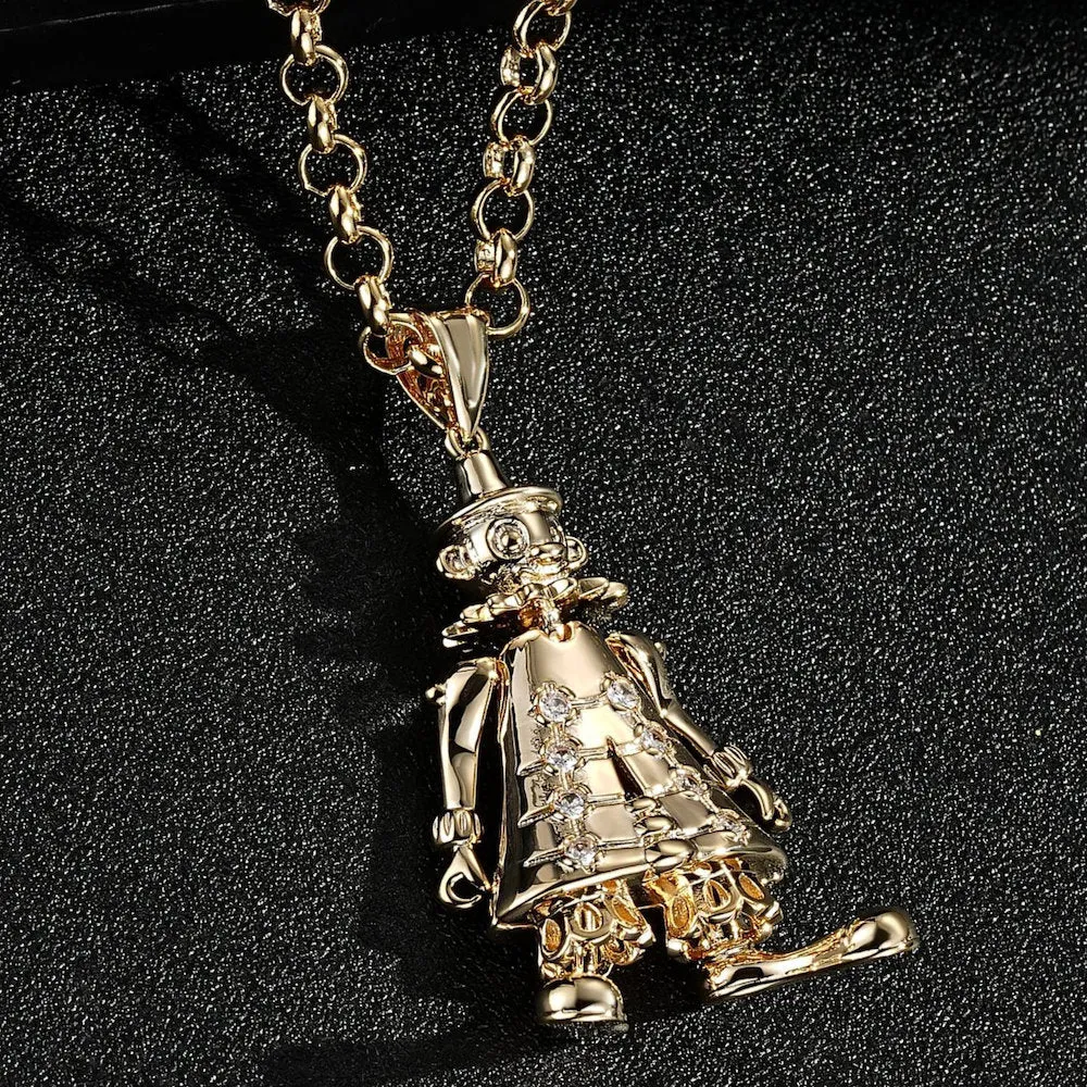 Gold Clown Pendant Clear Stones 22 Inch 4mm Belcher Chain