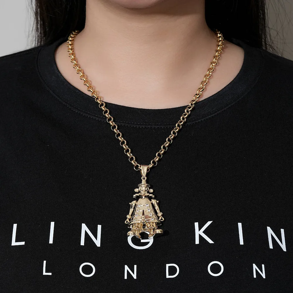 Gold Clown Pendant Clear Stones 22 Inch 4mm Belcher Chain
