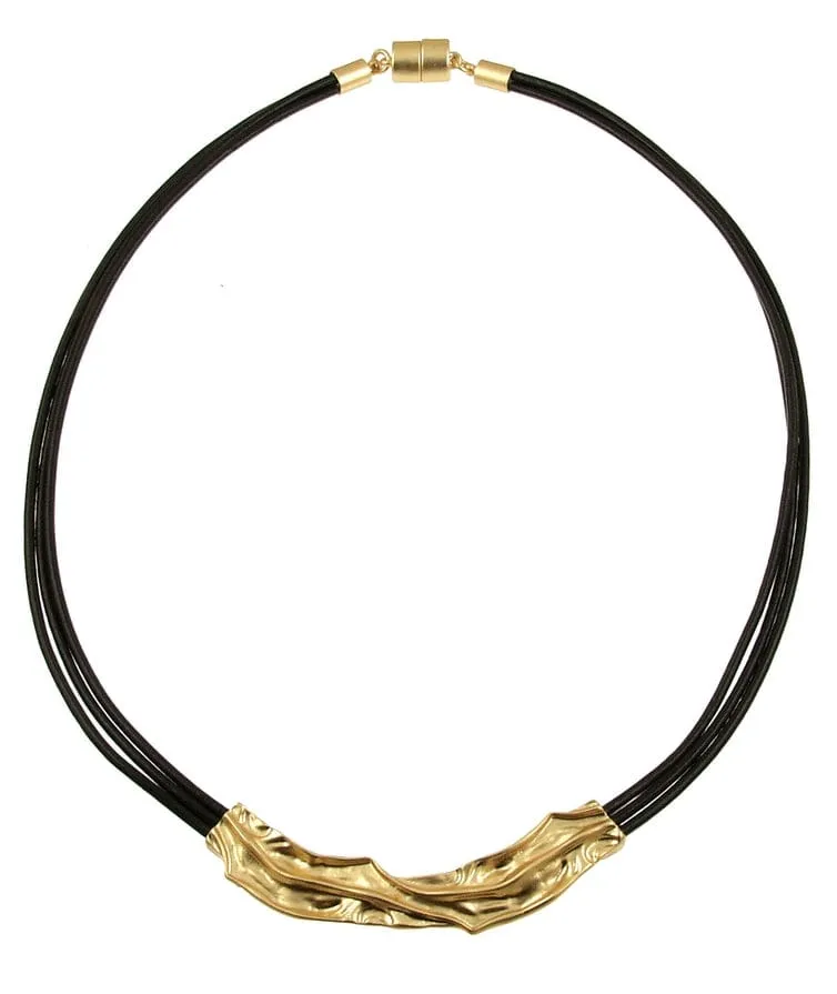 Gold Crinkle Bar Black Leather Necklace