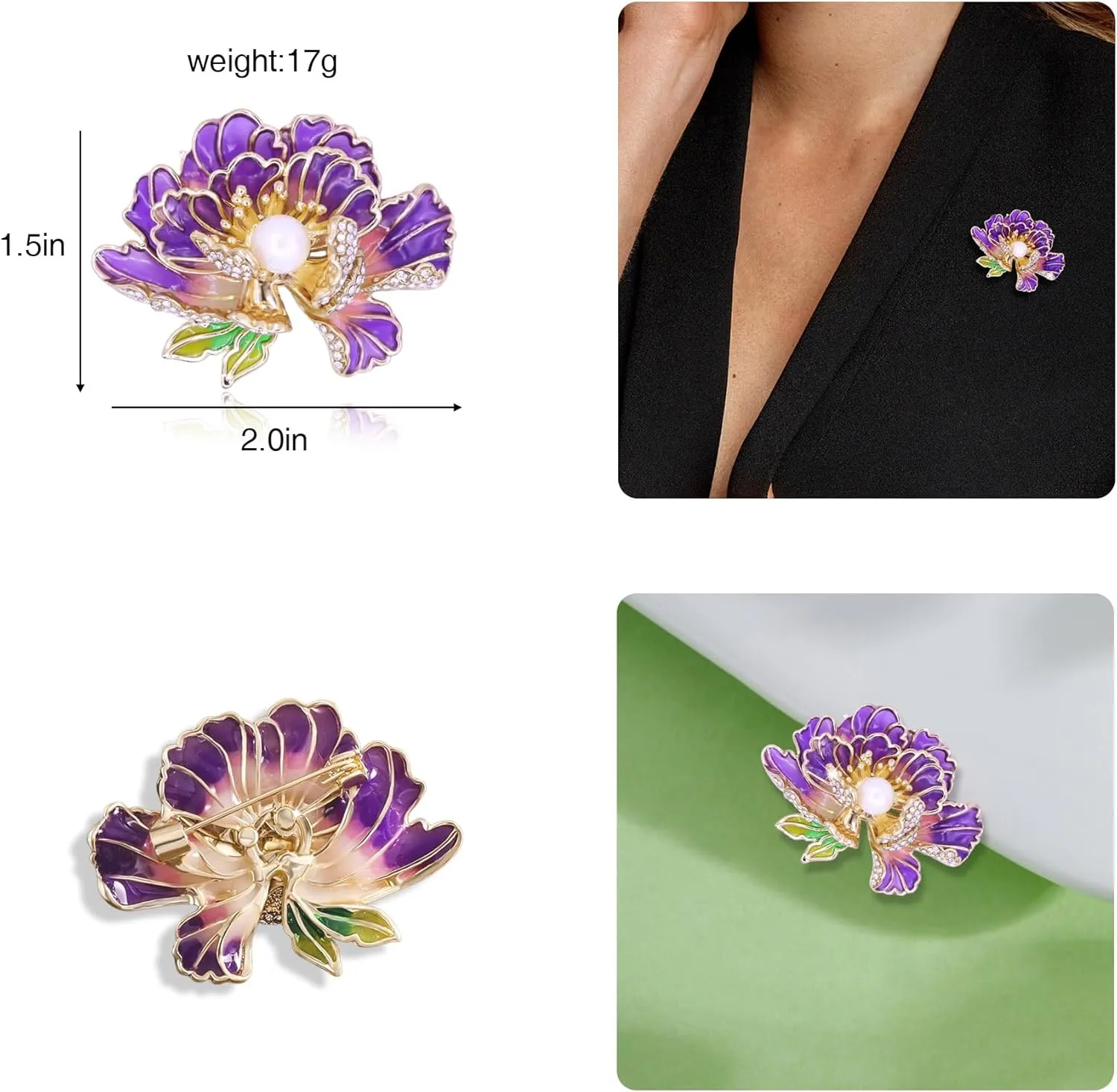 Gold Crystal Flower Leaf Brooches for Womne Elegant Enamel Rhinestone Pearl Floral Brooch Pins Fashion Jewelry Brooch pin Accessories for Women Men Gift