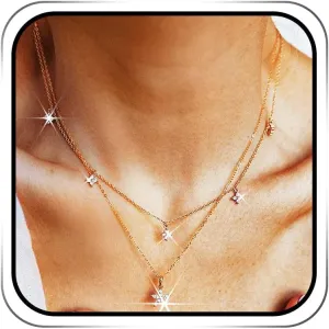 Gold Dainty Layered Necklace Diamond Small Flower Pendant Chain for Women