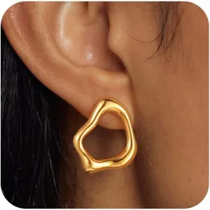 Gold Earrings for Women, Large Open Earrings 14K Gold Plated Smiple Hypoallergenic Trendy Statement Dangle Earrings Gold Dainty Geometric Rectangle Drop Stud Earrings Piercing Jewelry