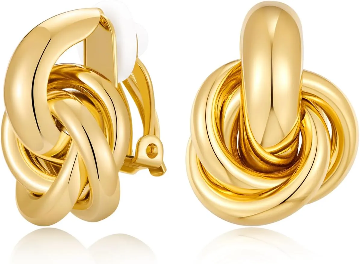 Gold Geometric Clip On Earrings for Women 18K Chunky Gold Knot Link Clip Earrings Trendy Jewelry