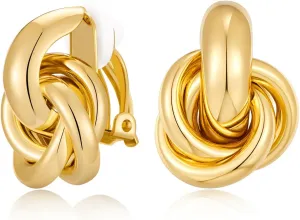 Gold Geometric Clip On Earrings for Women 18K Chunky Gold Knot Link Clip Earrings Trendy Jewelry