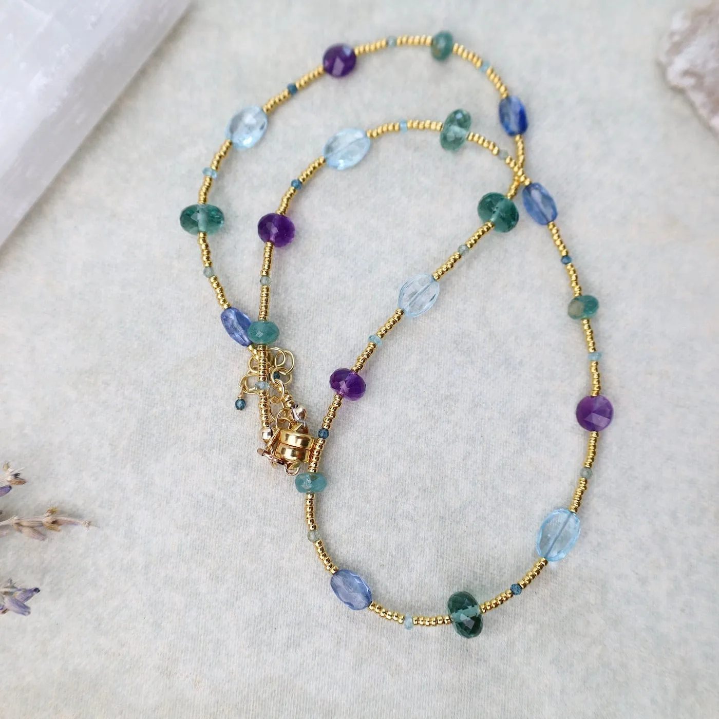 Gold glass, Amethyst, Grandidierite, & Blue Gemstone Necklace