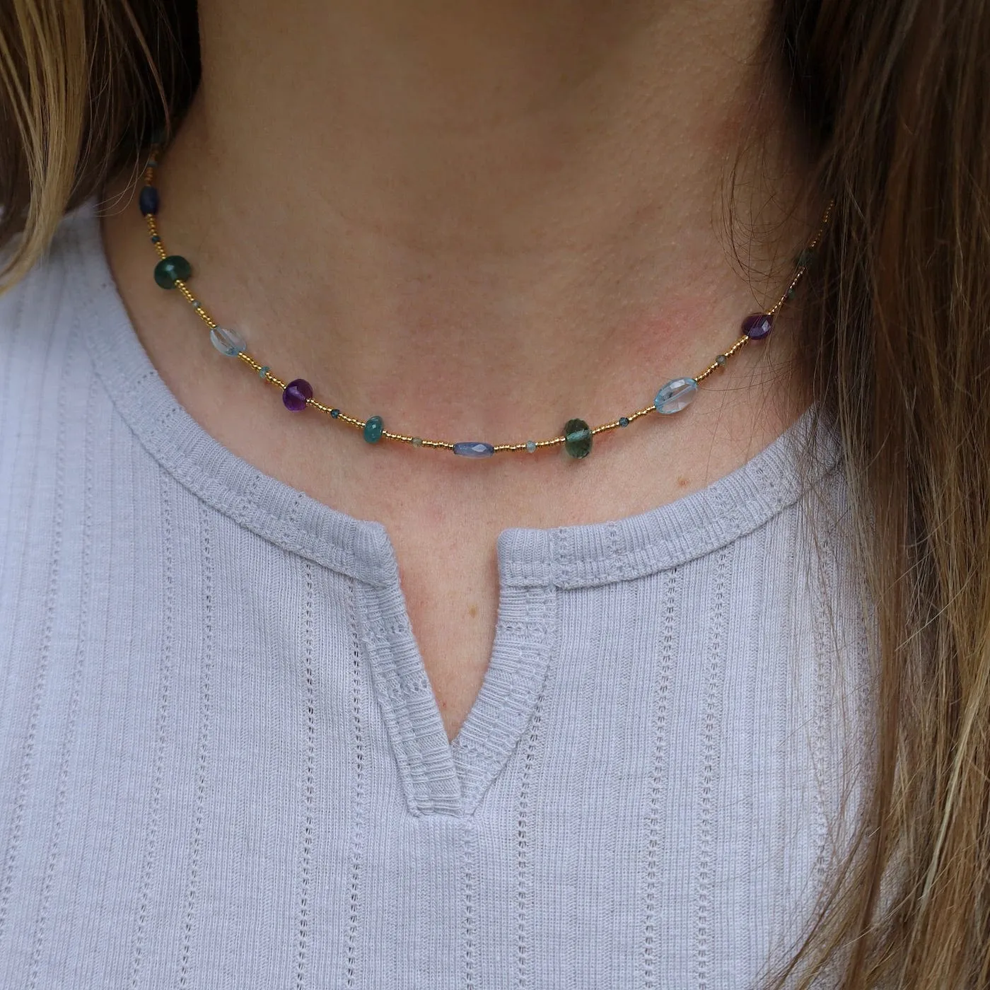 Gold glass, Amethyst, Grandidierite, & Blue Gemstone Necklace