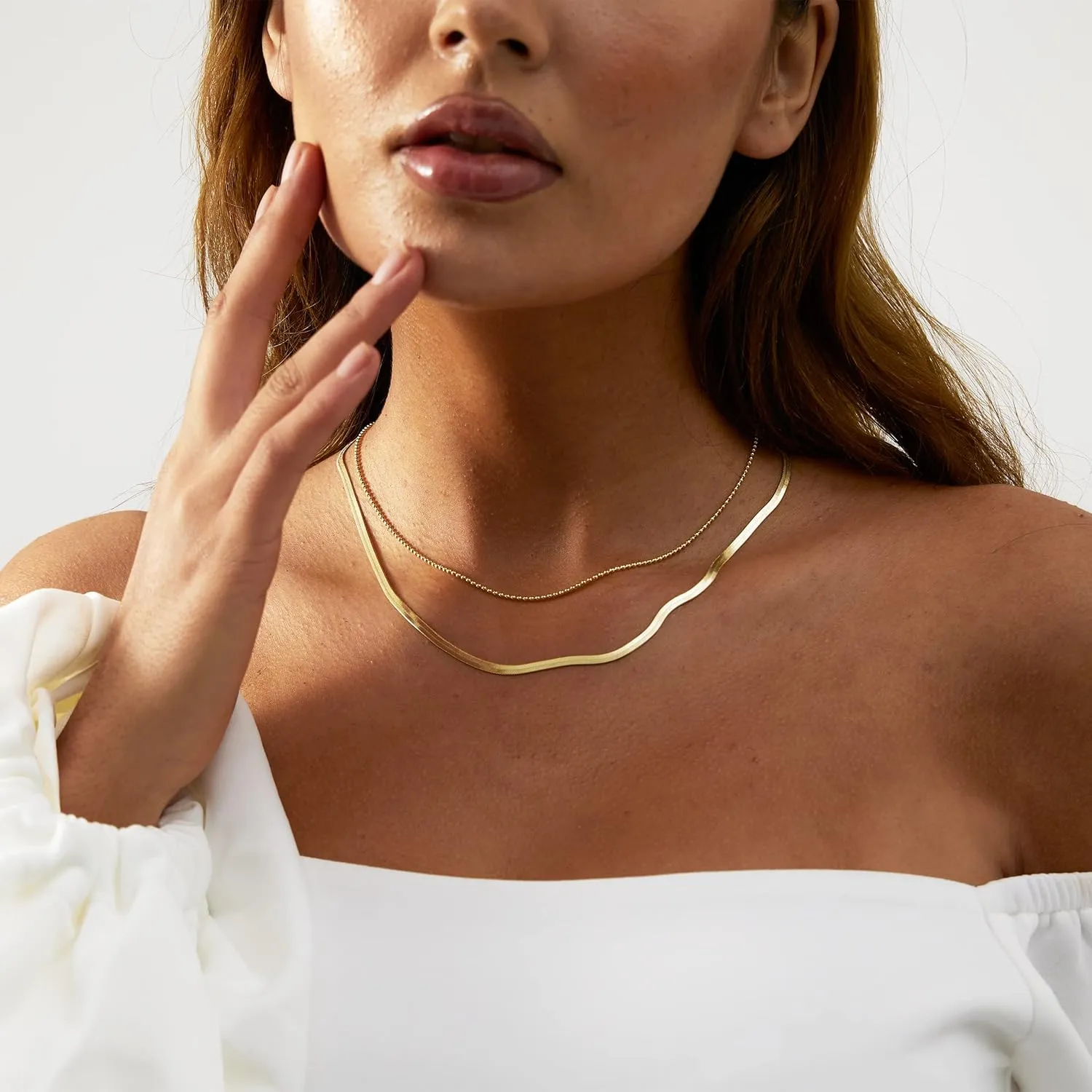 Gold Herringbone Necklace for Women 18k Plated Necklace Flat Snake Gold Necklaces Thin Chunky Chain Necklace Dainty Adjustable Necklace Minimalist Handmade Jewelry Gift