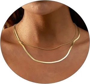 Gold Herringbone Necklace for Women 18k Plated Necklace Flat Snake Gold Necklaces Thin Chunky Chain Necklace Dainty Adjustable Necklace Minimalist Handmade Jewelry Gift