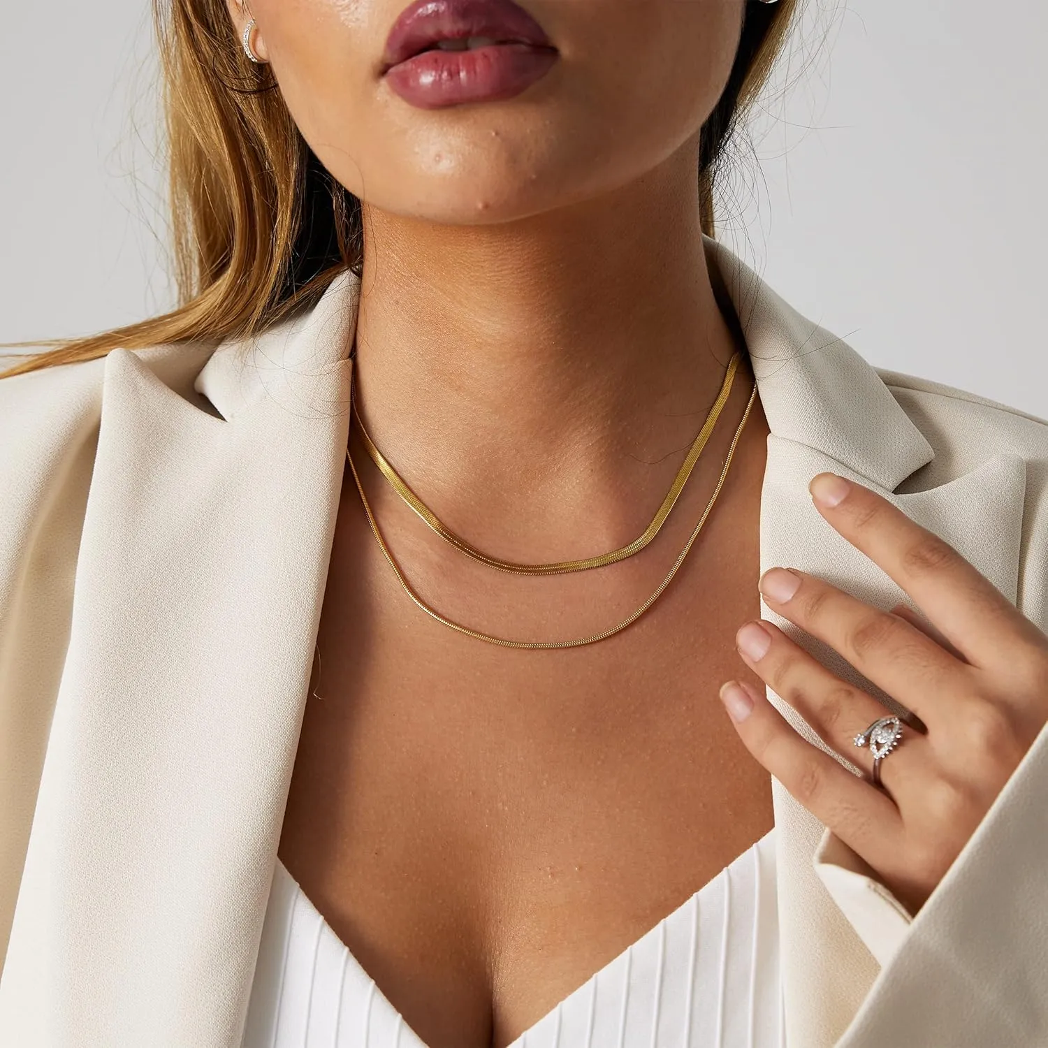 Gold Herringbone Necklace for Women 18k Plated Necklace Flat Snake Gold Necklaces Thin Chunky Chain Necklace Dainty Adjustable Necklace Minimalist Handmade Jewelry Gift