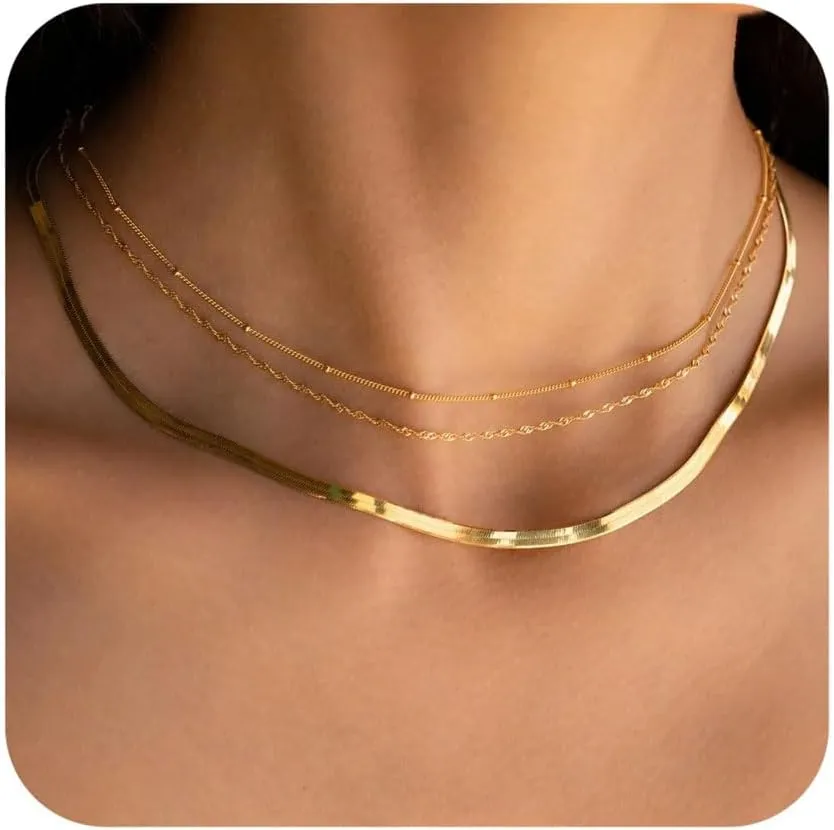 Gold Herringbone Necklace for Women Dainty 18K Gold Plated Layered Snake Chain Choker Necklaces Jewelry Set for Women