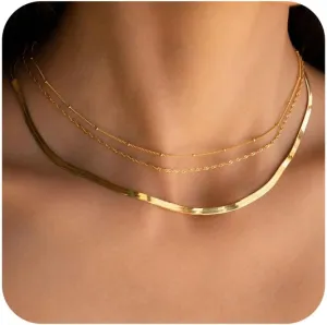 Gold Herringbone Necklace for Women Dainty 18K Gold Plated Layered Snake Chain Choker Necklaces Jewelry Set for Women