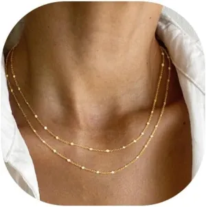 Gold Herringbone Necklace for Women, Dainty Layered Gold Necklaces Snake Simple 14K Gold Plated Chain Choker Necklaces Stack Chunky Trendy Gold Jewelry Gift for Women