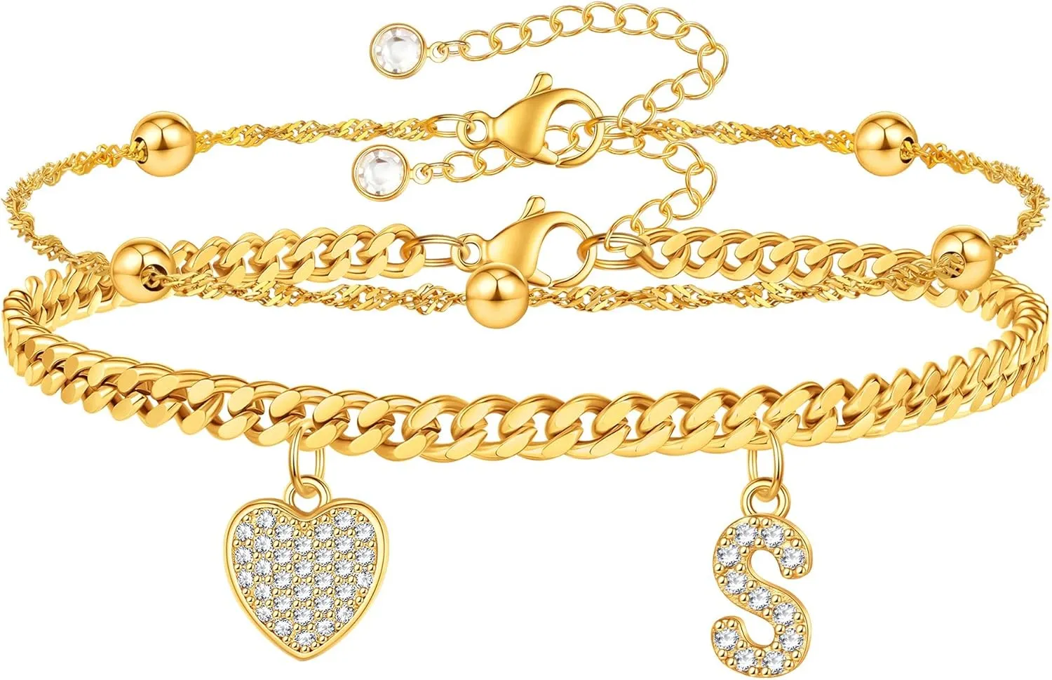 Gold Initial Ankle Bracelets for Women 14K Gold Plated Heart Initial Charm Gold Anklets for Women Cuban Figaro Bead Link Chain Initial Anklet Bracelets for Women Figaro Chain Anklet Jewelry Gifts