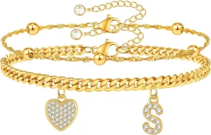 Gold Initial Ankle Bracelets for Women 14K Gold Plated Heart Initial Charm Gold Anklets for Women Cuban Figaro Bead Link Chain Initial Anklet Bracelets for Women Figaro Chain Anklet Jewelry Gifts