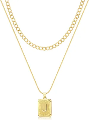 Gold Initial Necklaces for Women 14K Gold Plated Letter Necklace Square Pendant Layered Gold Choker Necklaces Set Trendy Jewelry