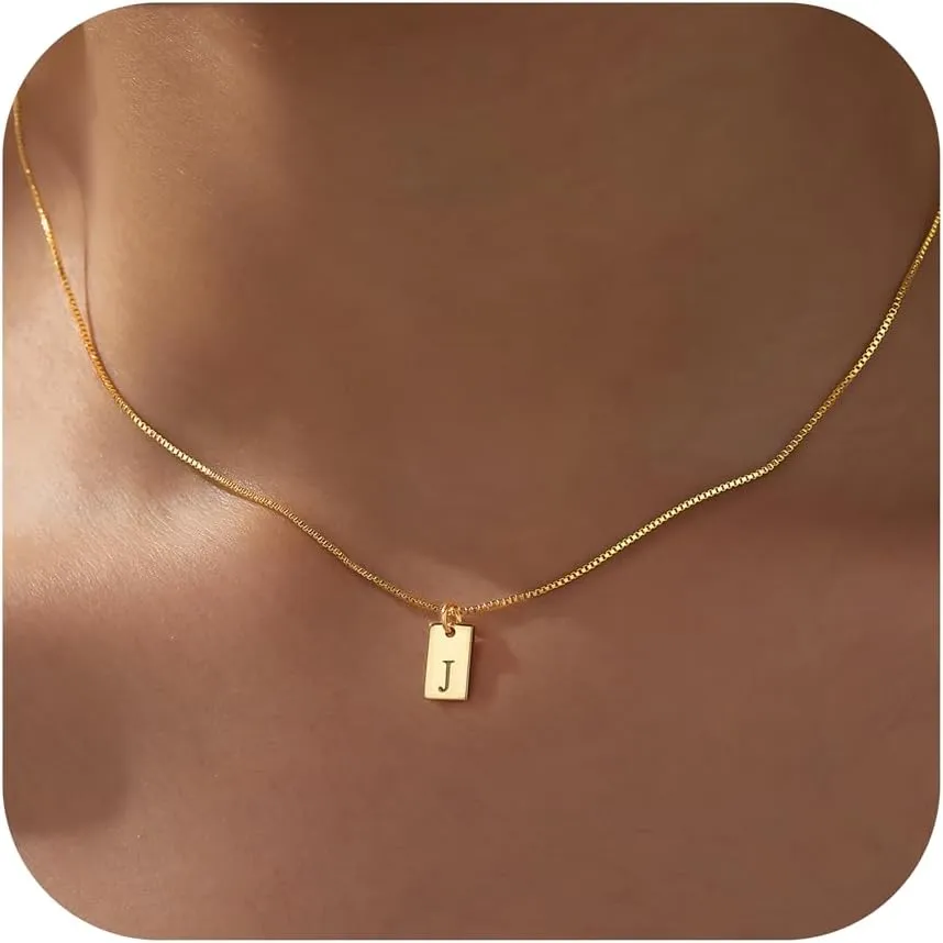 Gold Initial Necklaces for Women Non Tarnish, 14K Gold Plated Dainty Square Letter Pendant Charm Necklace Waterproof A-Z Trendy Thin Chain Name Personalized Jewelry Gifts