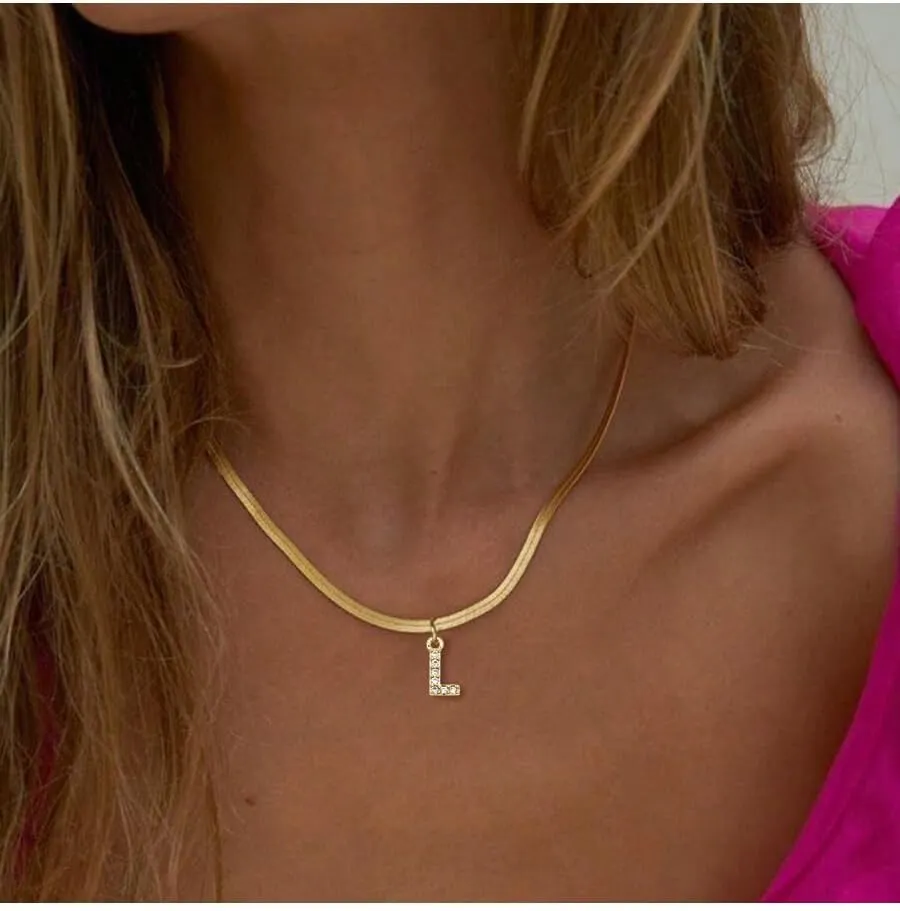 Gold Initial Necklaces for Women Trendy,Dainty 18k Gold Plated Charm Choker Necklace for Women Herringbone Chain Necklaces Jewelry