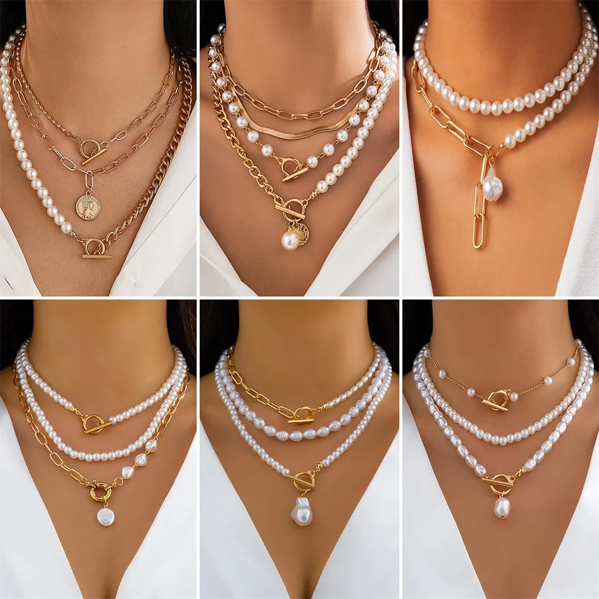 Gold Layered Baroque Pearl OT Clasp Necklace for Women Stacking Beaded Ball Chain Paperclip Pearl Chain Choker Necklace Fashion Retro Charm Jewelry