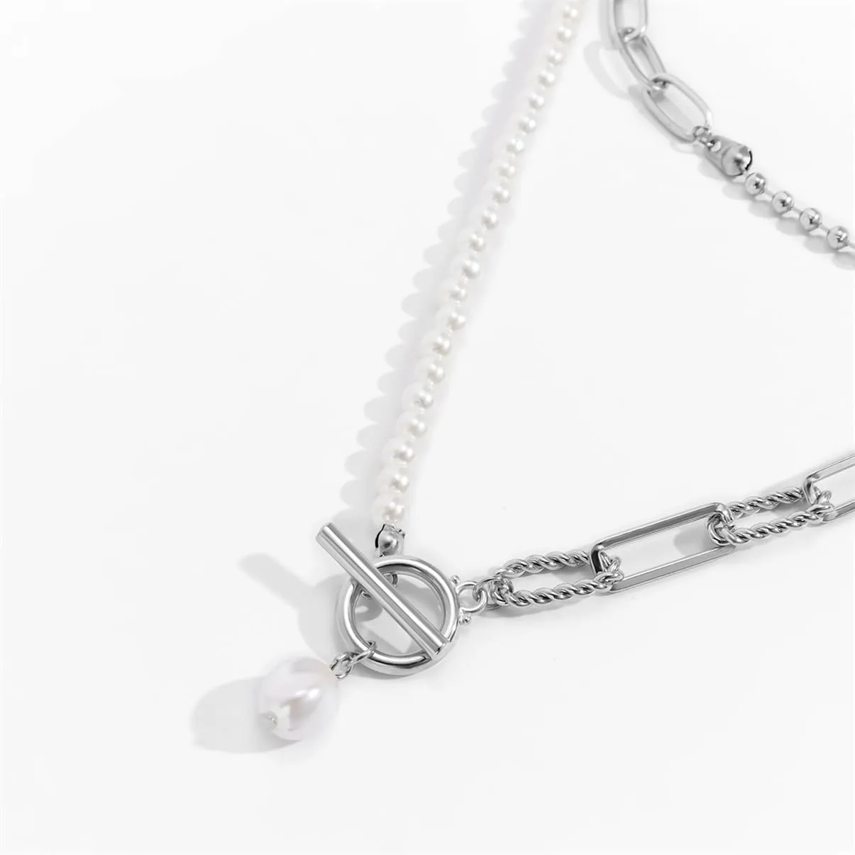 Gold Layered Baroque Pearl OT Clasp Necklace for Women Stacking Beaded Ball Chain Paperclip Pearl Chain Choker Necklace Fashion Retro Charm Jewelry