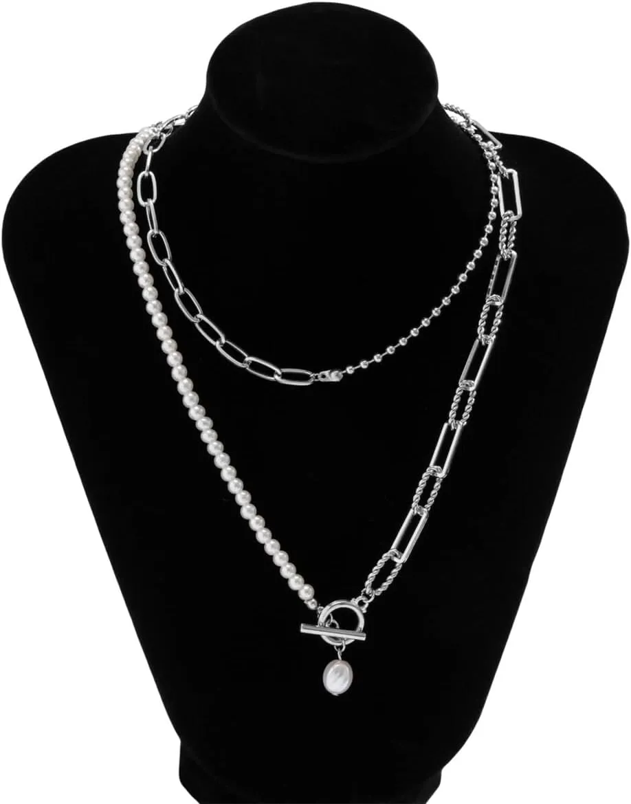 Gold Layered Baroque Pearl OT Clasp Necklace for Women Stacking Beaded Ball Chain Paperclip Pearl Chain Choker Necklace Fashion Retro Charm Jewelry