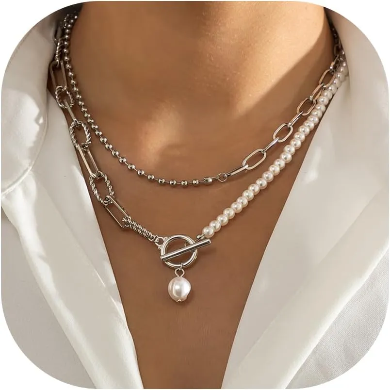 Gold Layered Baroque Pearl OT Clasp Necklace for Women Stacking Beaded Ball Chain Paperclip Pearl Chain Choker Necklace Fashion Retro Charm Jewelry