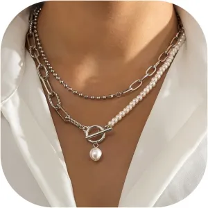 Gold Layered Baroque Pearl OT Clasp Necklace for Women Stacking Beaded Ball Chain Paperclip Pearl Chain Choker Necklace Fashion Retro Charm Jewelry