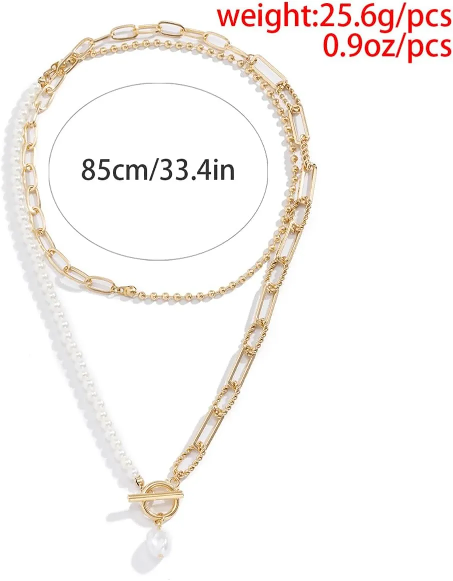 Gold Layered Baroque Pearl OT Clasp Necklace for Women Stacking Beaded Ball Chain Paperclip Pearl Chain Choker Necklace Fashion Retro Charm Jewelry