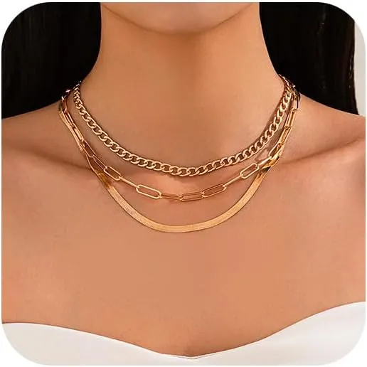 Gold Layered Chain Necklace for Women Set Gold Plated Dainty Paperclip Chain Necklaces Stack Herringbone Choker Necklace Punk Jewelry