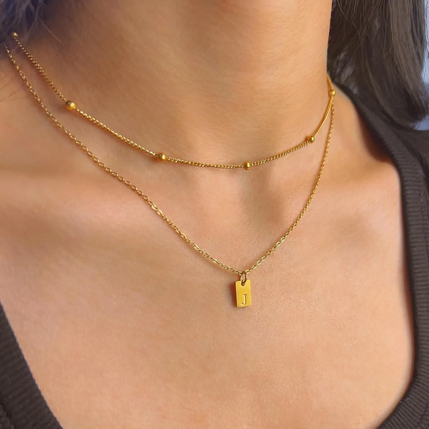 Gold Layered Initial Necklaces for Women, 18k Gold Plated Letter Pendant Necklace Stack Gold Choker Chain Jewelry Set Layering Personalized Tag Necklaces for Women Trendy