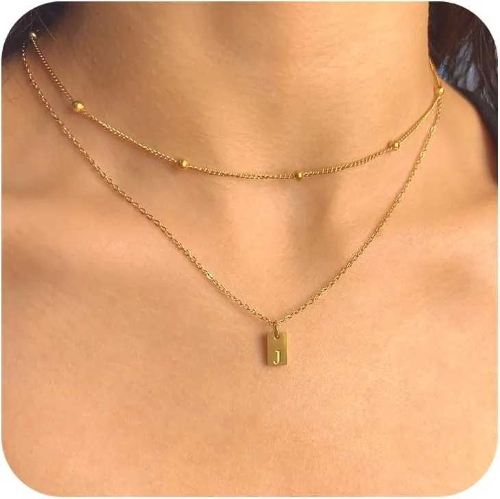 Gold Layered Initial Necklaces for Women, 18k Gold Plated Letter Pendant Necklace Stack Gold Choker Chain Jewelry Set Layering Personalized Tag Necklaces for Women Trendy