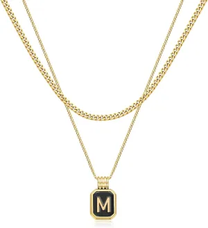 Gold Layered Initial Necklaces for Women, Dainty Layered Initial Necklaces for Women with Black Square Pendant Alphabet A-Z Cuban Chain Choker Necklace for Women Teen Jewelry Gifts