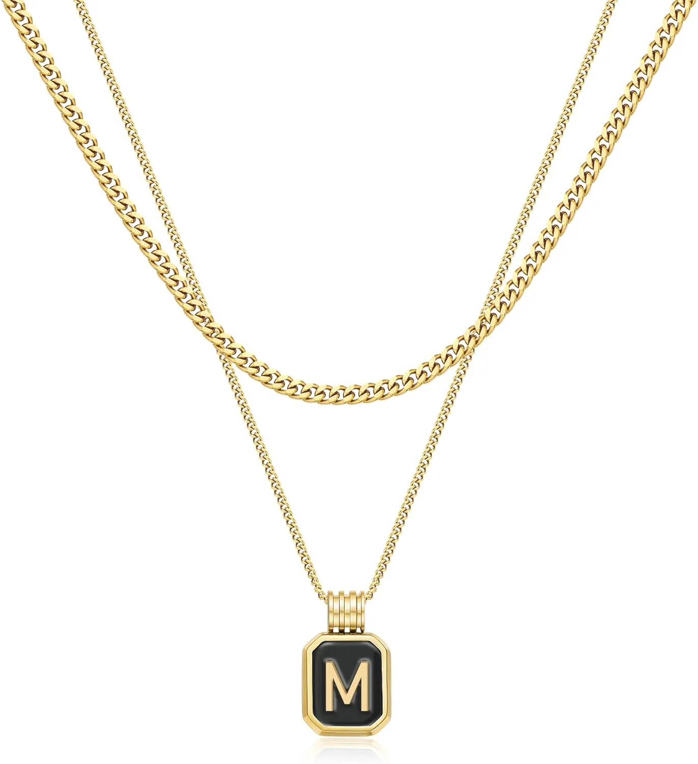 Gold Layered Initial Necklaces for Women, Dainty Layered Initial Necklaces for Women with Black Square Pendant Alphabet A-Z Cuban Chain Choker Necklace for Women Teen Jewelry Gifts