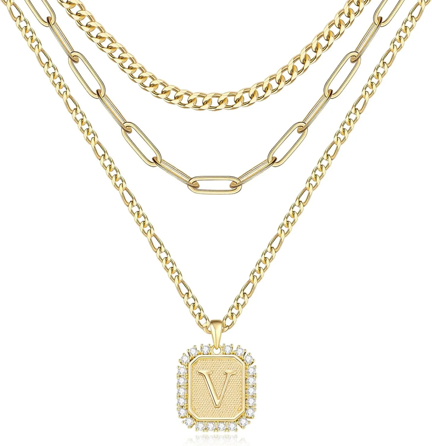 Gold Layered Initial Necklaces for Women Letter A-Z Pendant with Cubic Zirconia Layering Letter Necklace Curb Cuban Paperclip Figaro Chain Choker Necklace for Teen Jewelry Gifts