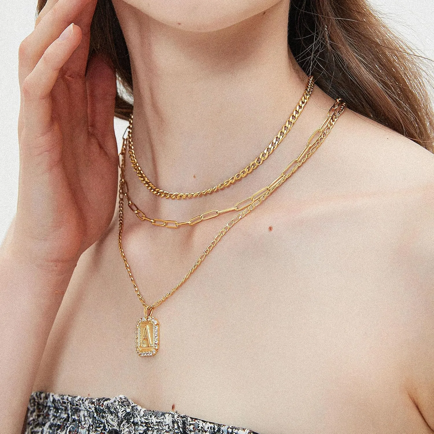 Gold Layered Initial Necklaces for Women Letter A-Z Pendant with Cubic Zirconia Layering Letter Necklace Curb Cuban Paperclip Figaro Chain Choker Necklace for Teen Jewelry Gifts