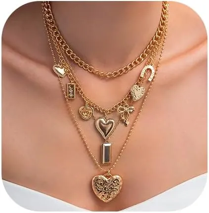 Gold Layered Necklace for Women Heart Cross Flower Pendant Statement Necklace Stacking Chain Choker Ocean Boho Jewelry