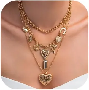 Gold Layered Necklace for Women Heart Cross Flower Pendant Statement Necklace Stacking Chain Choker Ocean Boho Jewelry