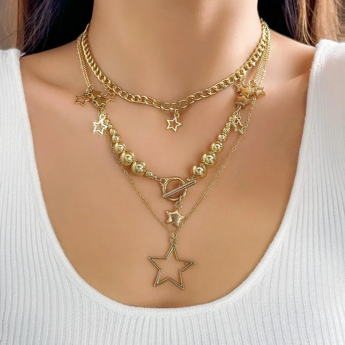 Gold Layered Necklace for Women,Chunky Gold Pendant Necklace Gold Heart Pendant Stackable Chain Necklace Cuban Dainty Trendy Necklace Jewelry