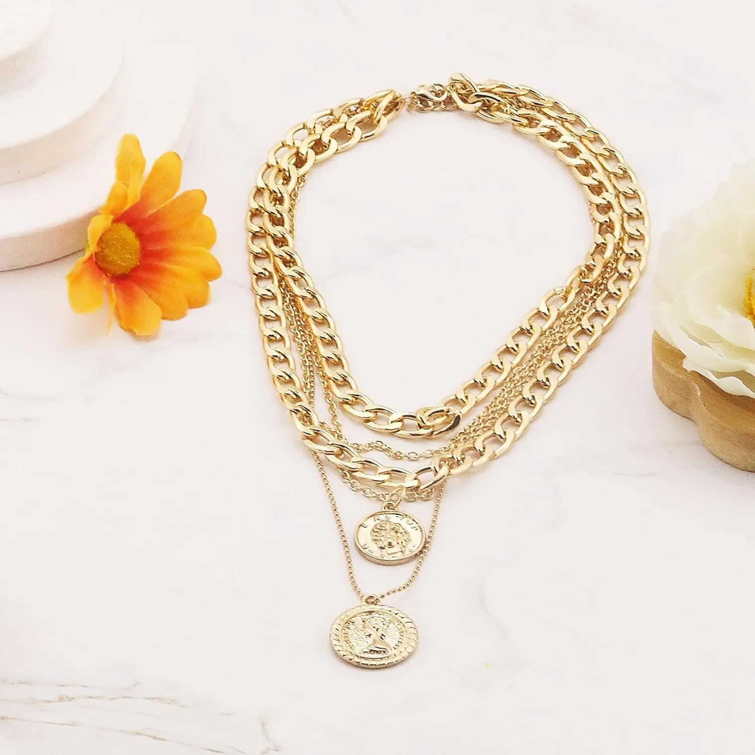 Gold Layered Necklaces for Women Pirate Accessories Necklace Gold Coin Pendant Charm Necklace Stacked Chunky Gold Necklace Women Dainty Choker Necklaces Set Jewelry