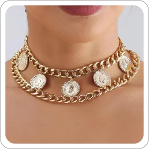 Gold Layered Necklaces for Women Pirate Accessories Necklace Gold Coin Pendant Charm Necklace Stacked Chunky Gold Necklace Women Dainty Choker Necklaces Set Jewelry
