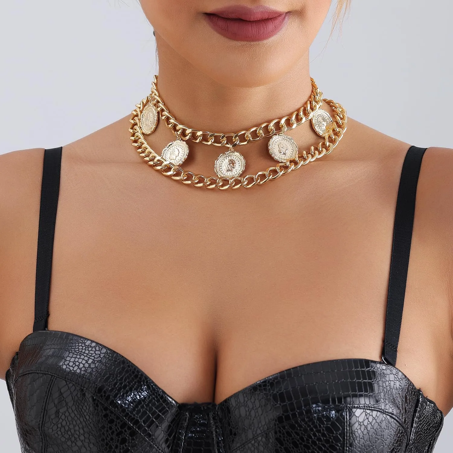 Gold Layered Necklaces for Women Pirate Accessories Necklace Gold Coin Pendant Charm Necklace Stacked Chunky Gold Necklace Women Dainty Choker Necklaces Set Jewelry