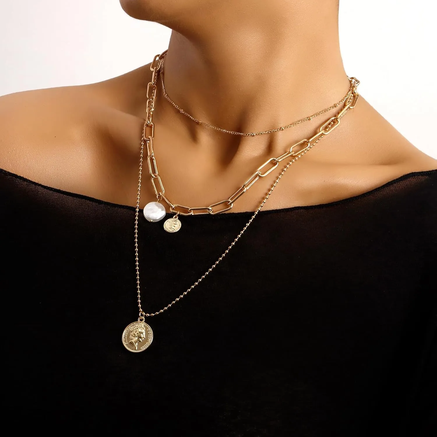 Gold Layered Necklaces for Women Pirate Accessories Necklace Gold Coin Pendant Charm Necklace Stacked Chunky Gold Necklace Women Dainty Choker Necklaces Set Jewelry