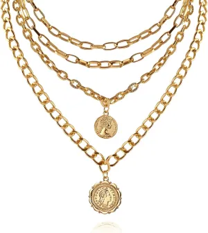 Gold Layered Necklaces for Women Pirate Accessories Necklace Stacked Chunky Gold Necklace Gold Coin Pendant Charm Necklace Women Dainty Choker Necklaces Set Jewelry