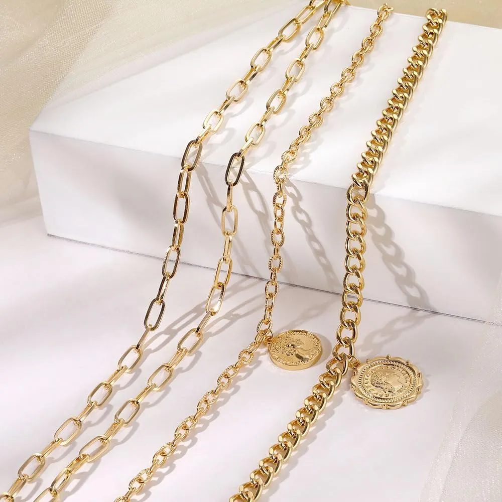 Gold Layered Necklaces for Women Pirate Accessories Necklace Stacked Chunky Gold Necklace Gold Coin Pendant Charm Necklace Women Dainty Choker Necklaces Set Jewelry