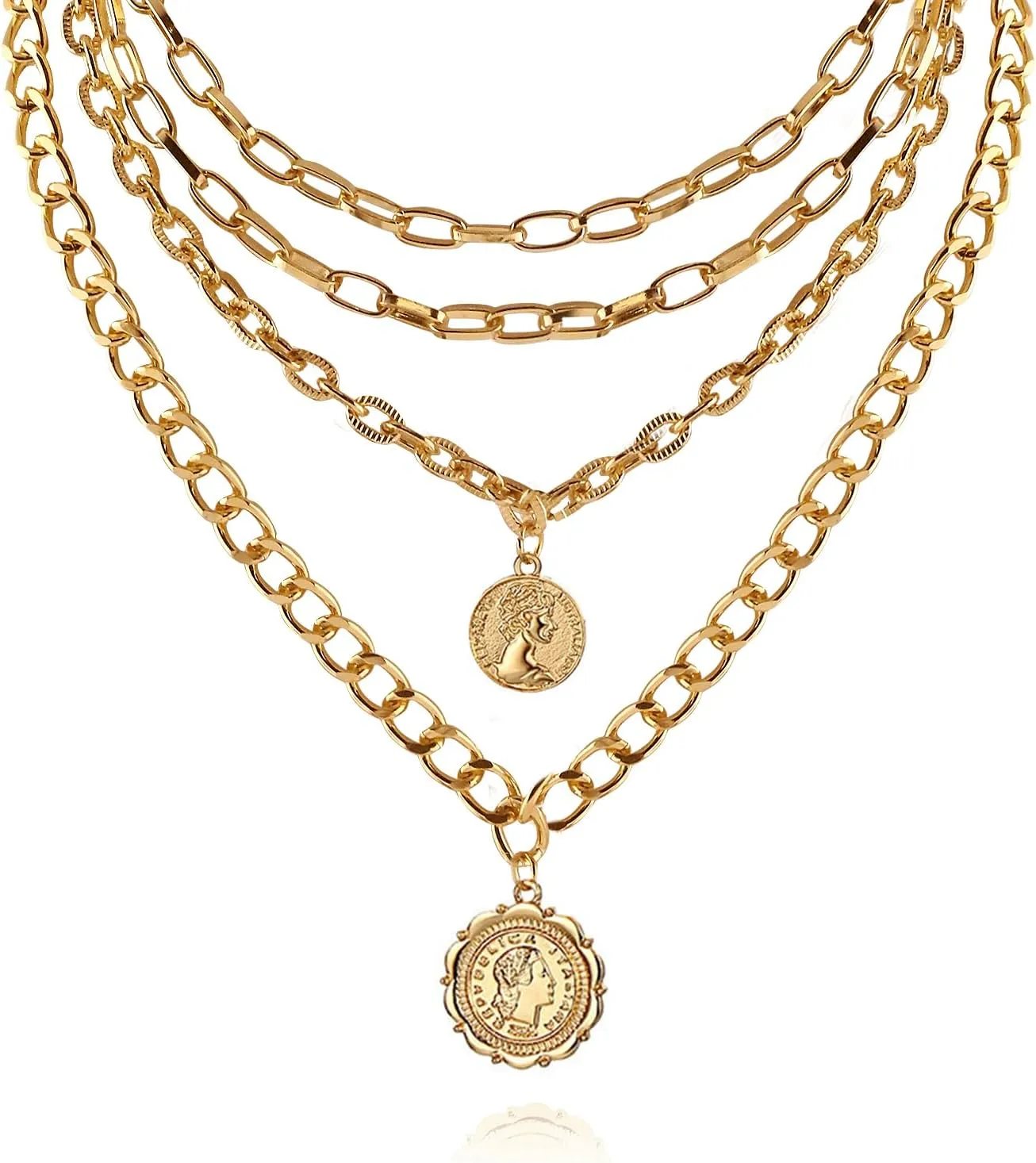 Gold Layered Necklaces for Women Pirate Accessories Necklace Stacked Chunky Gold Necklace Gold Coin Pendant Charm Necklace Women Dainty Choker Necklaces Set Jewelry