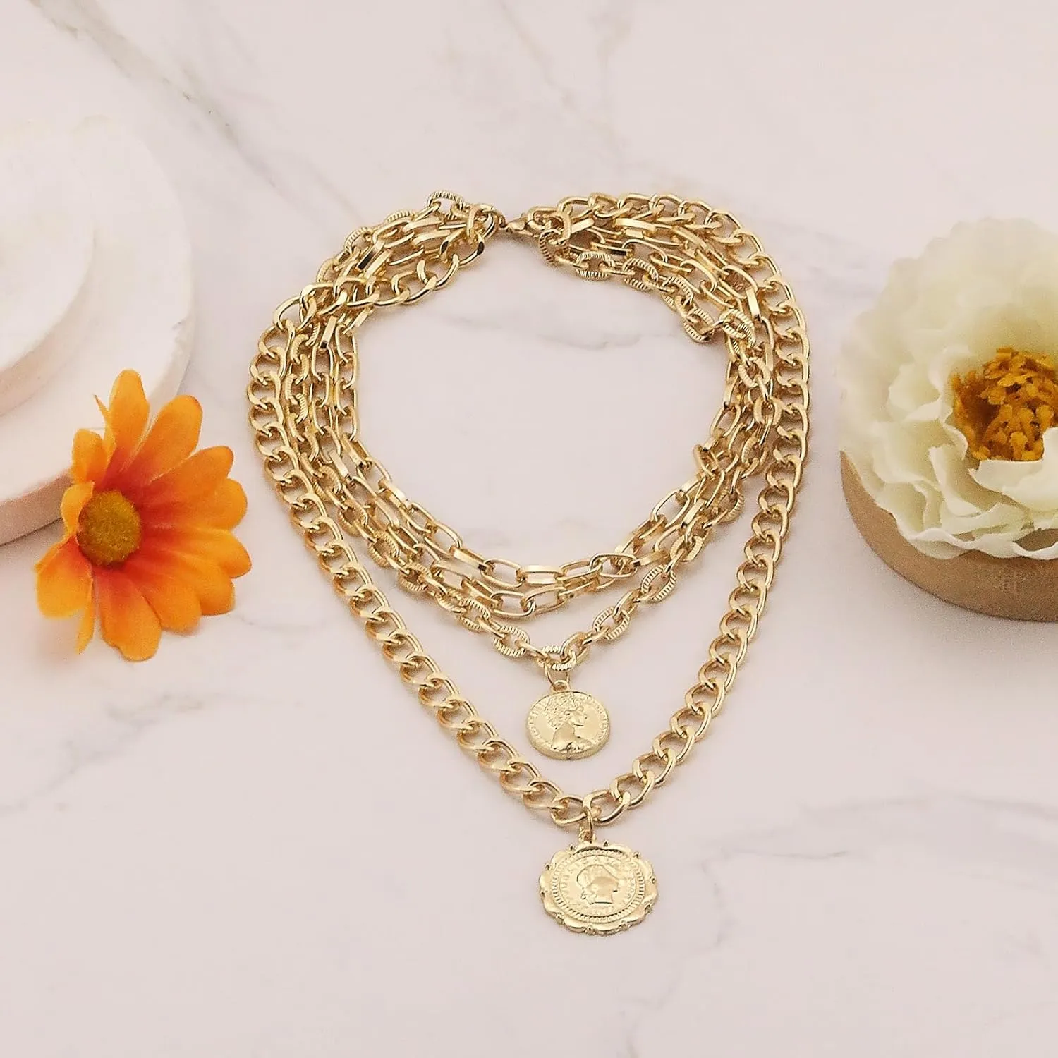 Gold Layered Necklaces for Women Pirate Accessories Necklace Stacked Chunky Gold Necklace Gold Coin Pendant Charm Necklace Women Dainty Choker Necklaces Set Jewelry