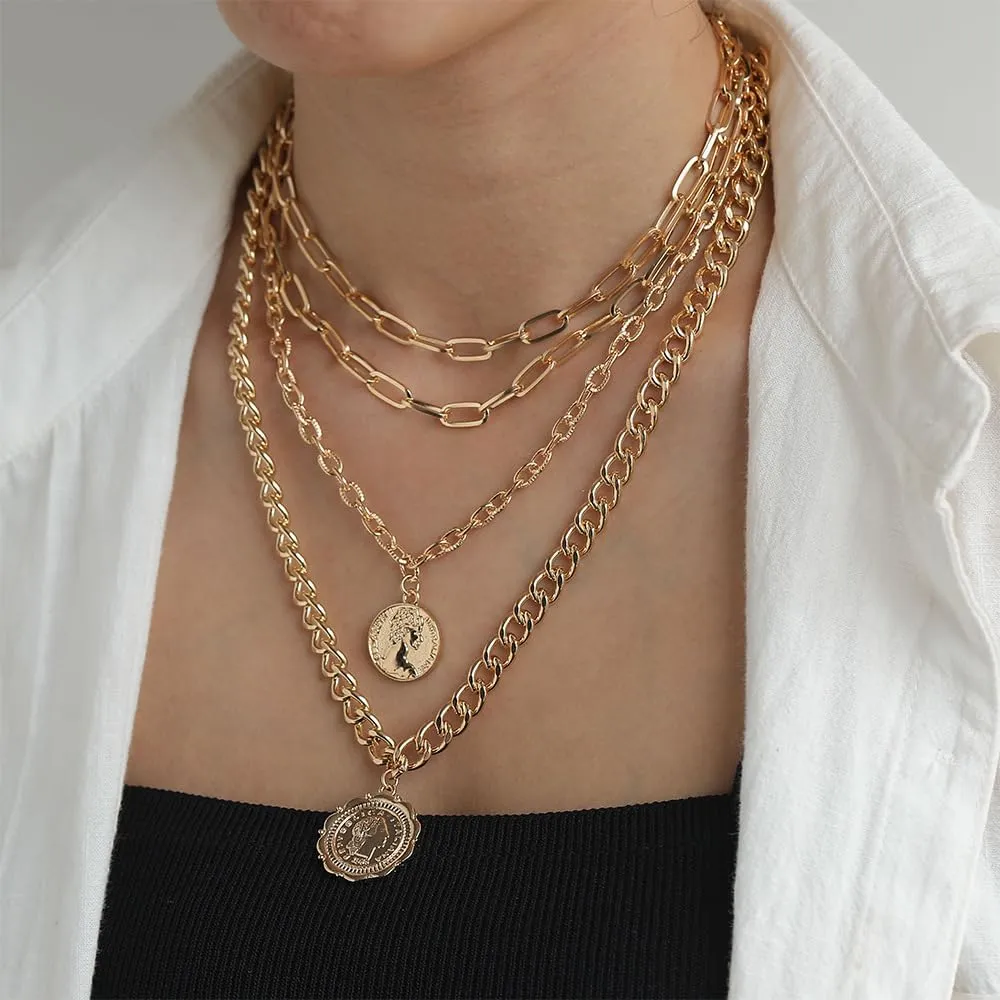 Gold Layered Necklaces for Women Pirate Accessories Necklace Stacked Chunky Gold Necklace Gold Coin Pendant Charm Necklace Women Dainty Choker Necklaces Set Jewelry