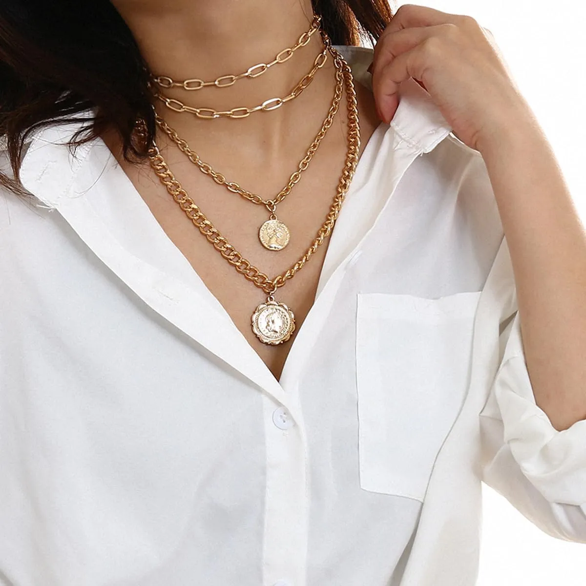 Gold Layered Necklaces for Women Pirate Accessories Necklace Stacked Chunky Gold Necklace Gold Coin Pendant Charm Necklace Women Dainty Choker Necklaces Set Jewelry